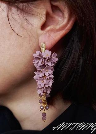 Сережки з квітами, довгі сережки кольору лаванди, сережки грона лавандові англійський замок3 фото
