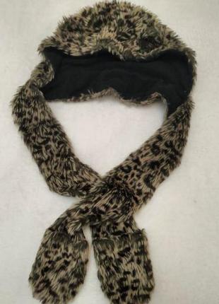Зимова осіння шапка капюшон з вушками рукавиці леопардовий принт