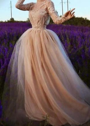 Роскошное вечернее гипюровое фатиновое длинное платье