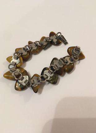 Браслет винтаж на металлической основе натуральный камень тигровый глаз
