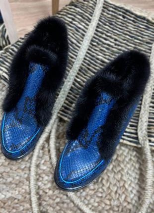 Лоферы синий norka 🐀питон хайтопы опушка норка натуральная кожа осень зима2 фото