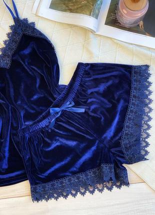 Бархатная кружевная синяя пижама майка с шортами, піжама2 фото
