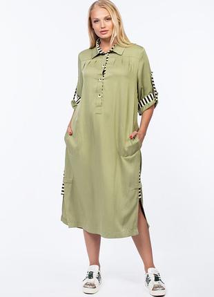 Сукня-сорочка олеся ак-231-1 оливка оздоблення