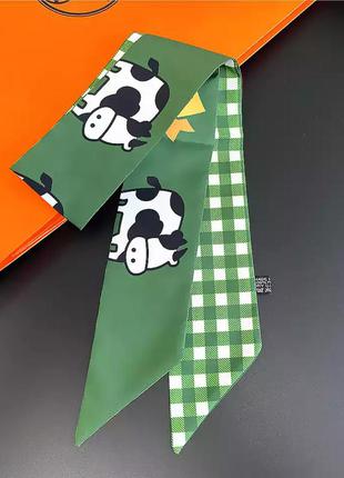 Бант для волос в корейском стиле лента галстук с коровками шарф зеленый в клетку1 фото