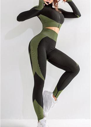 Размер m (46) эксклюзивный черный с зеленым женский комплект для занятий спортом, топ рашгард и лосины1 фото