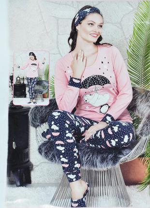 Размер xl (48-50). женский костюм для дома, розовая с серым пижама, 100% коттон, кофта, штаны, тапки, турция