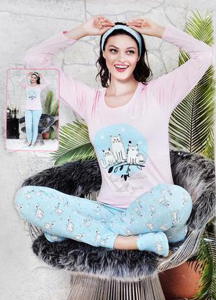 Размер m (44-46). премиум комплект для дома и сна, розово-голубая пижама, 100% коттон, кофта, штаны, тапки2 фото