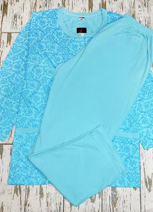 Великий розмір 58, 60. блакитний жіночий комплект для дому, піжама кофта та штани, бавовна