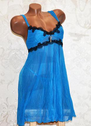Размер m. голубой комплект прозрачного женского белья, ночная сорочка пеньюар сетка и трусы стринги3 фото
