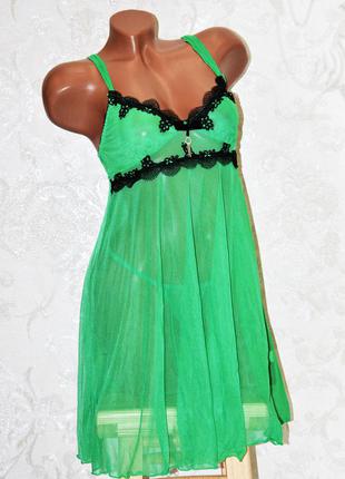 Зеленый комплект ночного женского белья, сексуальная сорочка пеньюар сетка и трусы стринги, размер l4 фото