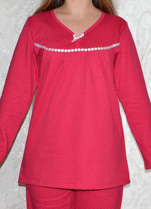 Розміри 50-52. тепла бавовняна піжама на байку двійка, кофта та штани, малиновий жіночий домашній костюм2 фото