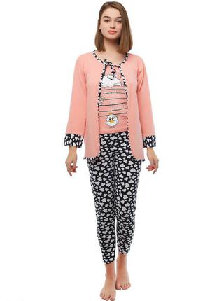 Размер m (46). хлопковая пижама тройка, халат-накидка, майка и лосины, персиковый цвет, турция1 фото