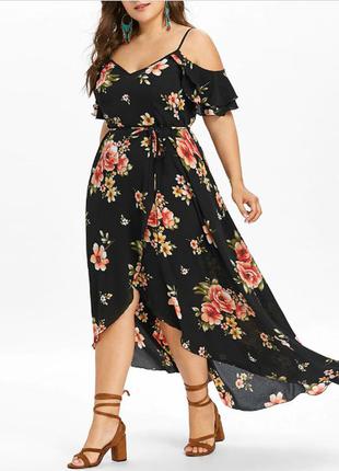 Великий 60 розмір. жіноче чорне літнє плаття з відкритими плечима, стильне довге плаття з квітами1 фото