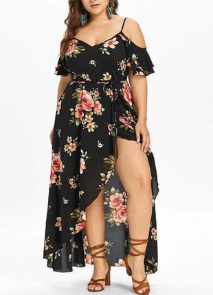 Великий 60 розмір. жіноче чорне літнє плаття з відкритими плечима, стильне довге плаття з квітами2 фото