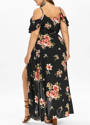 Большой 60 размер. женское черное летнее платье с открытыми плечами, стильное длинное платье с цветами3 фото