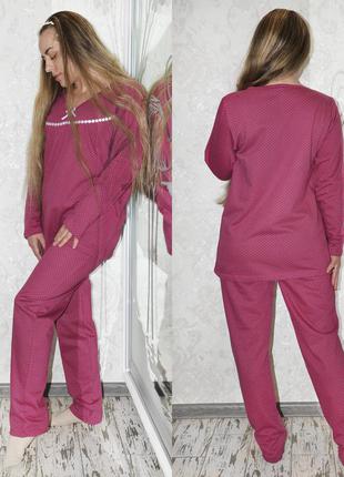 Розміри 48-50, 54-56, 56-58 бавовняна піжама двійка, кофта та штани, фіолетовий жіночий домашній костюм3 фото