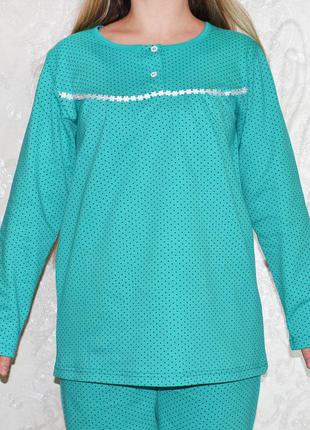 Размер 50-52 теплая хлопковая пижама с начесом, кофта и штаны, зеленый женский домашний костюм на байке3 фото