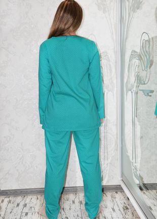 Размер 50-52 теплая хлопковая пижама с начесом, кофта и штаны, зеленый женский домашний костюм на байке4 фото