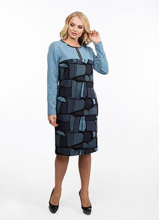 Платье  алеся ак-222 трикотаж меланж голубой/т.синий орнамент