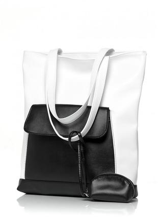 Двухцветная черно-белая женская сумка шоппер с матовой эко-кожи с большим карманом и двумя ручками + ключница