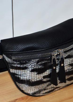 Черная женская сумка на пояс эко-кожа, сумочка-почтальонка, поясная, бананка, кросс боди (cross body)