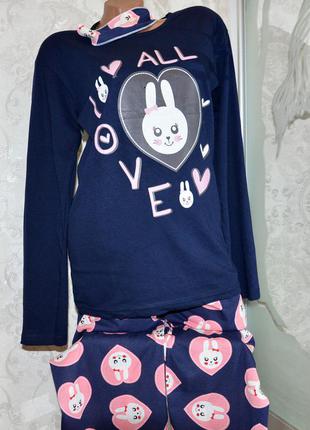 Размер xl (48). женский хлопковый костюм для дома, синий в сердечко, кофта и штаны, маска для сна, турция