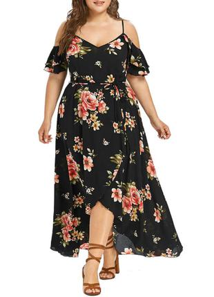 Большой 62 размер. женское черное летнее платье с открытыми плечами, стильное длинное платье с цветами