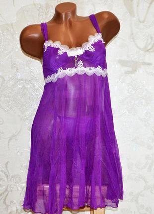 Фиолетовый комплект откровенного женского белья, пеньюар и трусы стринги, размер l