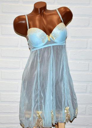 Розмір l. світло-блакитний комплект відвертого, прозорого жіночої білизни, пеньюар і труси стрінги