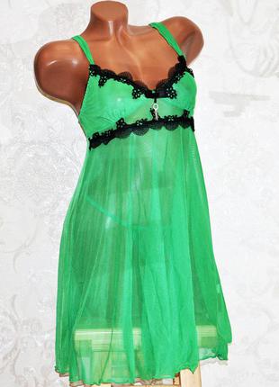 Зеленый комплект ночного женского белья, секси пеньюар платье сетка и трусы стринги, размер m