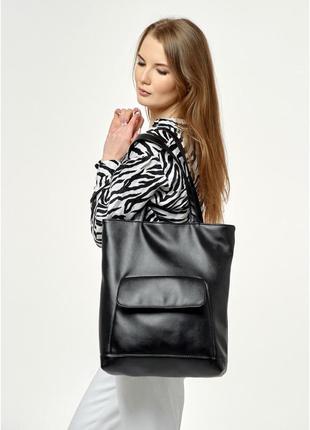 Стильная женская черная сумка-шоппер с вместительным карманом и двумя ручками + ключница, матовая эко-кожа7 фото