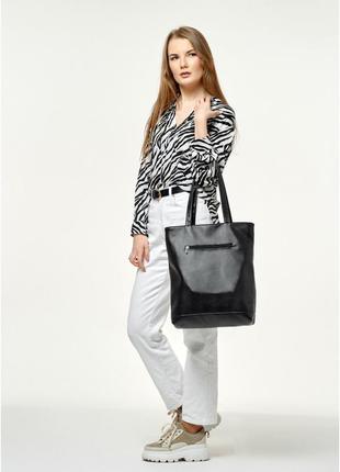 Стильная женская черная сумка-шоппер с вместительным карманом и двумя ручками + ключница, матовая эко-кожа6 фото