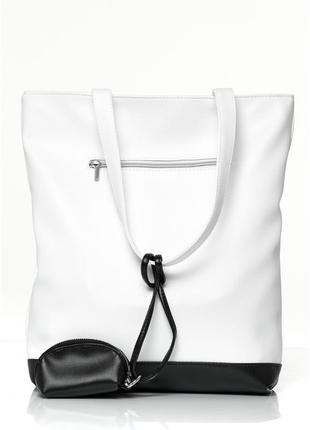 Жіноча сумка шоппер еко-шкіра з великою кишенею і двома ручками, двоколірна: чорна - біла + ключниця10 фото