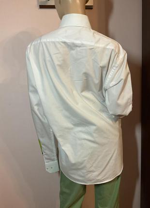 Бомбезная белая мужская рубашка с салатовым декором/l/ brend massimilano2 фото