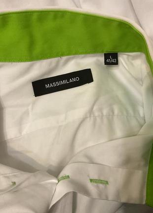 Бомбезная белая мужская рубашка с салатовым декором/l/ brend massimilano3 фото