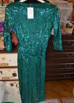 Шикарнейшее платье из мелких сверкающих паеток цвета изумруд! + пояс!9 фото
