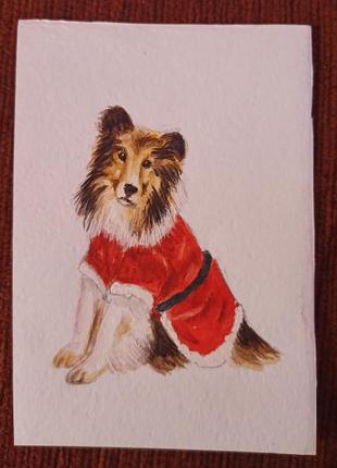 Новогодняя открытка, новорічна листівка акварельна