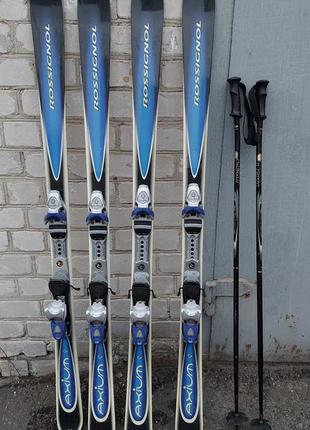 Горные лыжи rossignol 160см (2 пары), лыжные палки leki (1 пара)