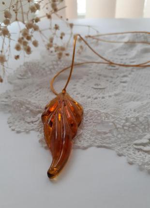 Кулон 🍂осінній лист🍂 лите скло скляний листочок підвіска медовий прозорий7 фото