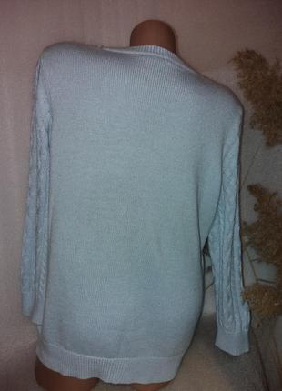 Красивый вязаный голубой свитер с косами4 фото