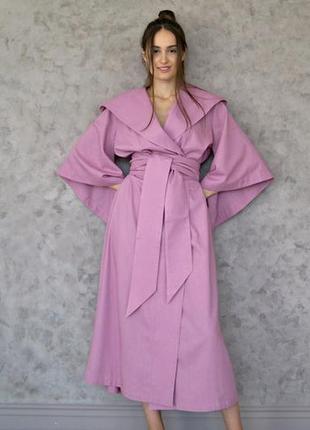 Довгий халат-кімоно з широким поясом і капюшоном з натурального льону, лляний довгий жіночий халат