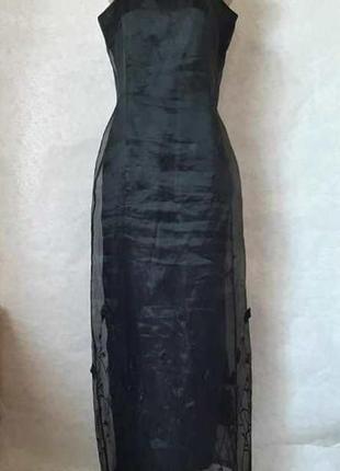 Шикарное нарядное чёрное платье в пол с фатиновым верхом и нашитыми цветами, размер м-ка
