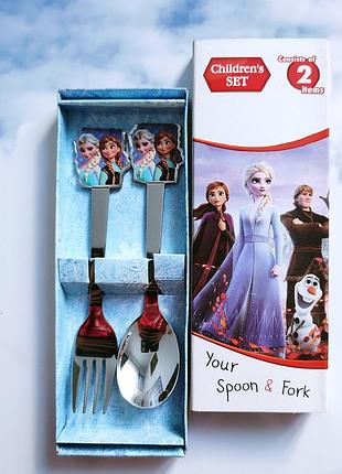 Дитячі столові прибори вилка+ ложка ельза і анна, детские прибори