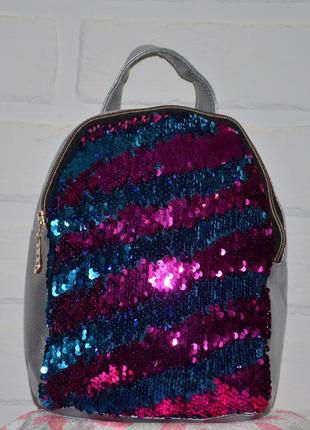 Серый рюкзак с пайетками меняющие цвет, блестящий подростковый рюкзак перевертыш, для девочки6 фото