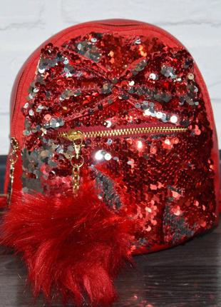 Червоний молодіжний жіночий рюкзак з блискучими паєтками, підлітковий рюкзак перевертиш, дівчачий рюкзачок2 фото