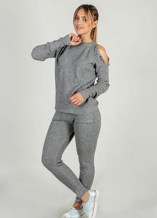 .женский спортивный вязаный костюм, серый теплый зимний костюм. размер 44- 48