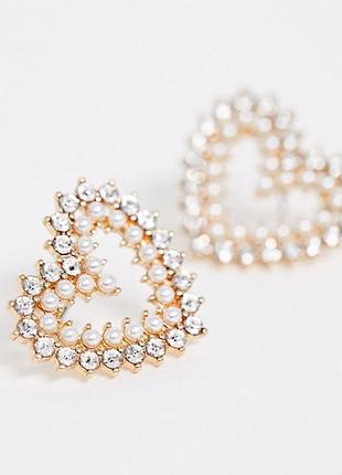 🌹💎 нарядные романтичные серьги "сердечки" жемчуг и кристаллы от river island оригинал