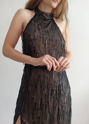 Святкова сукня міді в паєтки з розпіркою на нозі8 фото