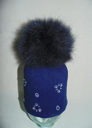 Тепла шапка на флісовой підкладці, з натуральним бубоном