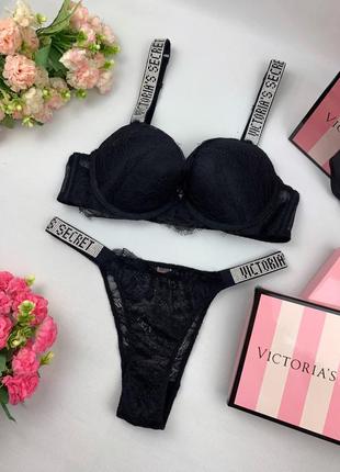 Комплект victoria's secret труси + мереживний ліфчик чорний